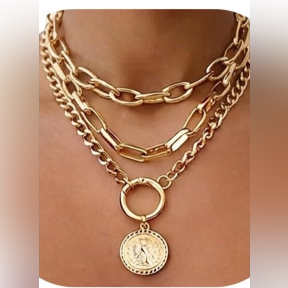 Vintage 24k Gold  Plated Layered Necklace Trendy Chunky Cuban Link Paperclip Cha